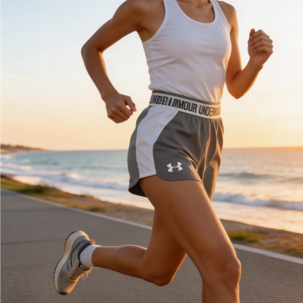 Under Armour Gray and White Women's Athletic Shorts with Branded Waistband